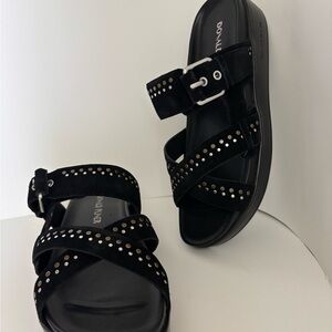Donald J. Pliner Black Studded Suede Platform Sandals with Buckle
